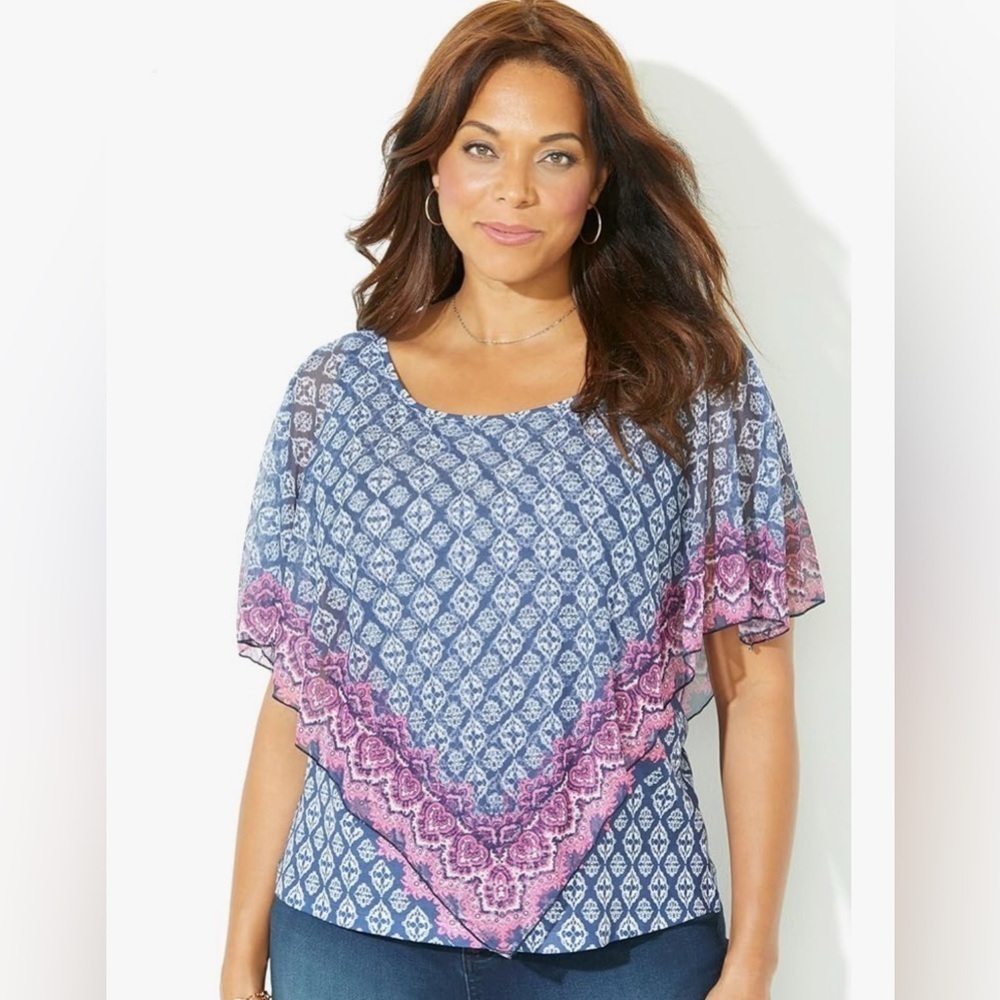 Catherines Top 1X Poncho Duet Overlay Layered Tunic Paisley Geo Fairy Embellish